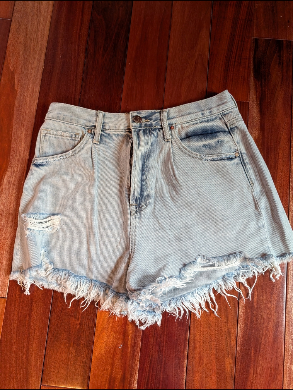 Light Blue Distressed Denim Shorts - Women's